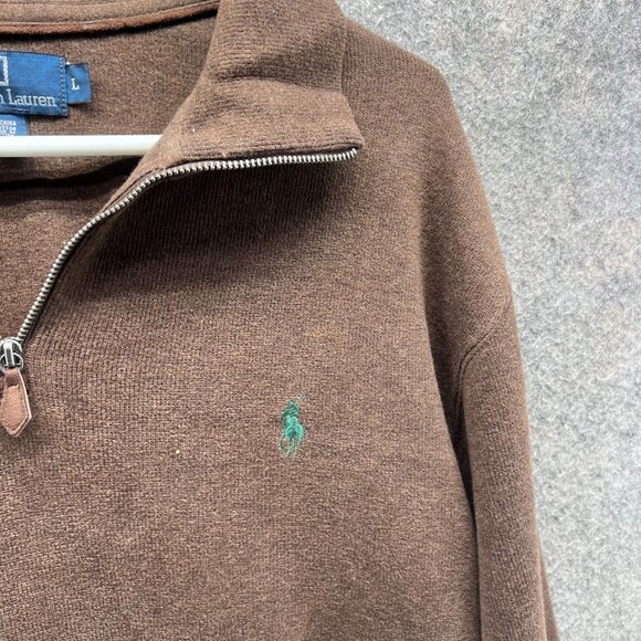 Vintage Ralph Lauren Pullover Mens Large Brown Fleece 1/4 Zip Pony Sweater 90s - Picture 9 of 11